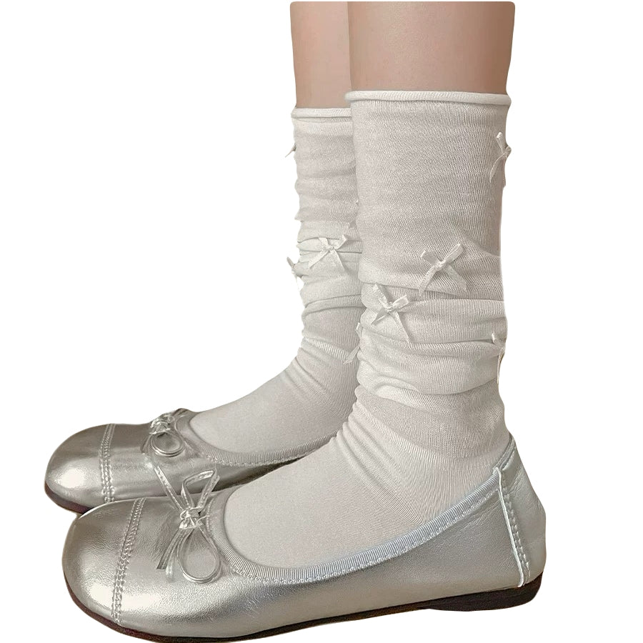 Kawaii Ballet Style Bow Socks 3 Pairs Cotton Thin Summer Slouchy Crew Socks for Girls